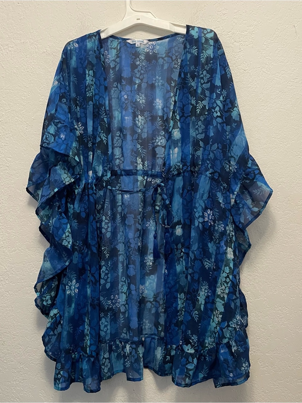BLUE ISLAND Blue Floral PRINT SWIMSUIT SEMI SHEER COVERUP Size XL
